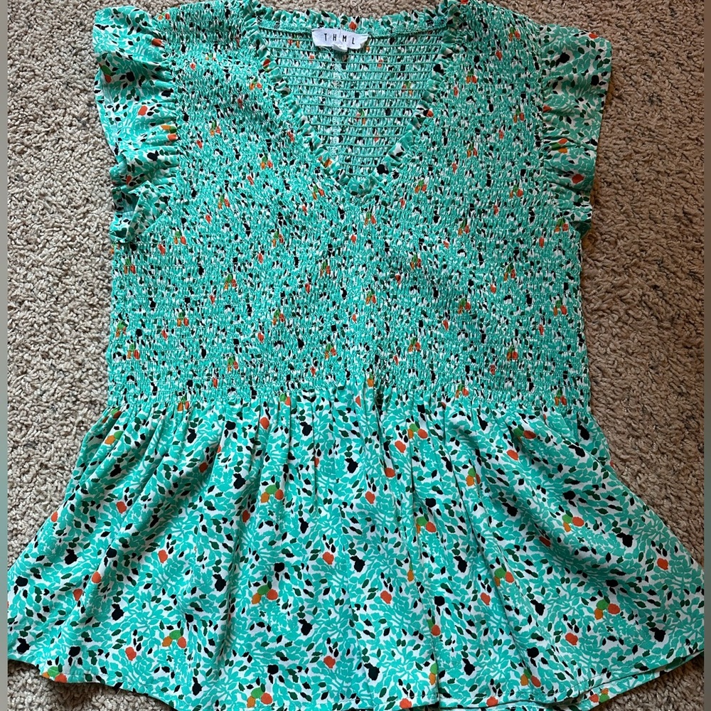 THML Mint Green Floral Smocked Peplum Top with Black and Orange Accents